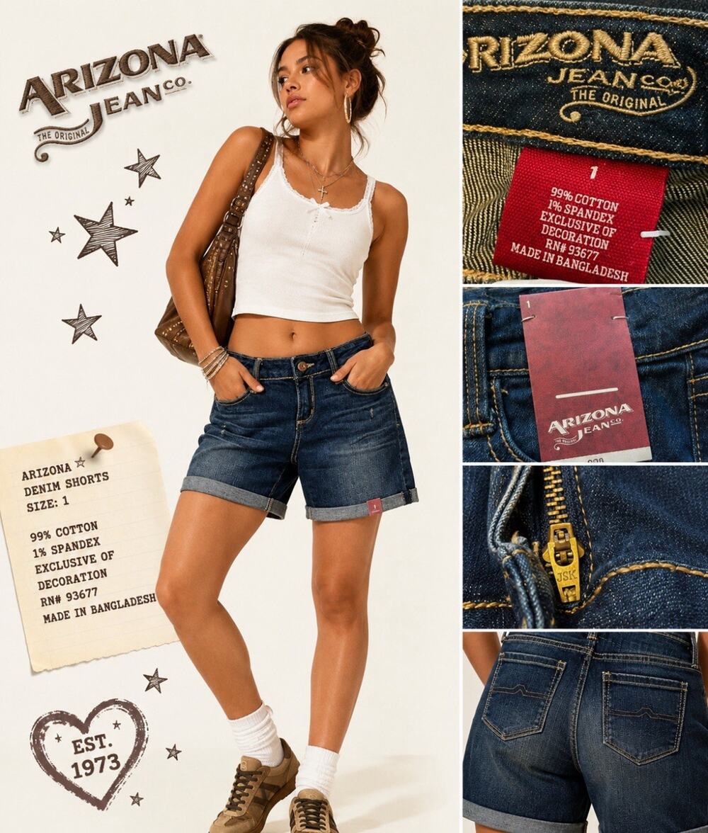 NWT Y2K Arizona Jean Co. Bermuda Denim Shorts Size 1 Dark Wash Indigo Distressed
